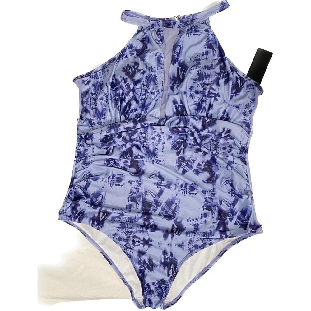 Aqua Eve Plus Size Swimsuit One Piece Tummy Control High Neck Ruched Size 18W - Picture 8 of 9